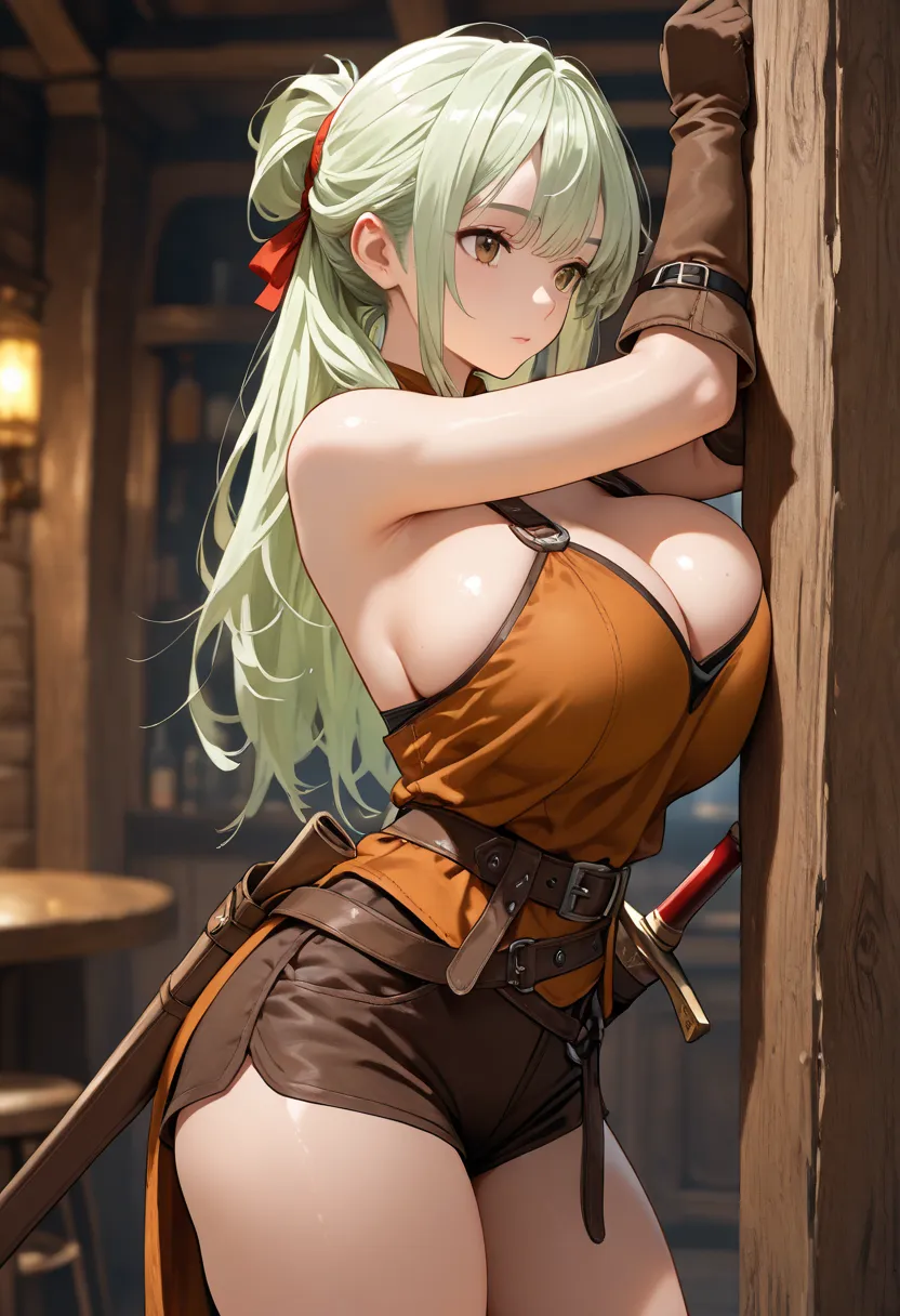 (masterpiece, Hi-Res, 2K resolution, Very Detailed), (1 girl, perfect face), (light green hair, tied hair, long hair), (brown eyes, perfect eye),  huge breasts, Adventurer, light hunting costume, Thief Outfit ,  short hot pants, Chest,  Medieval Fantasy, S...