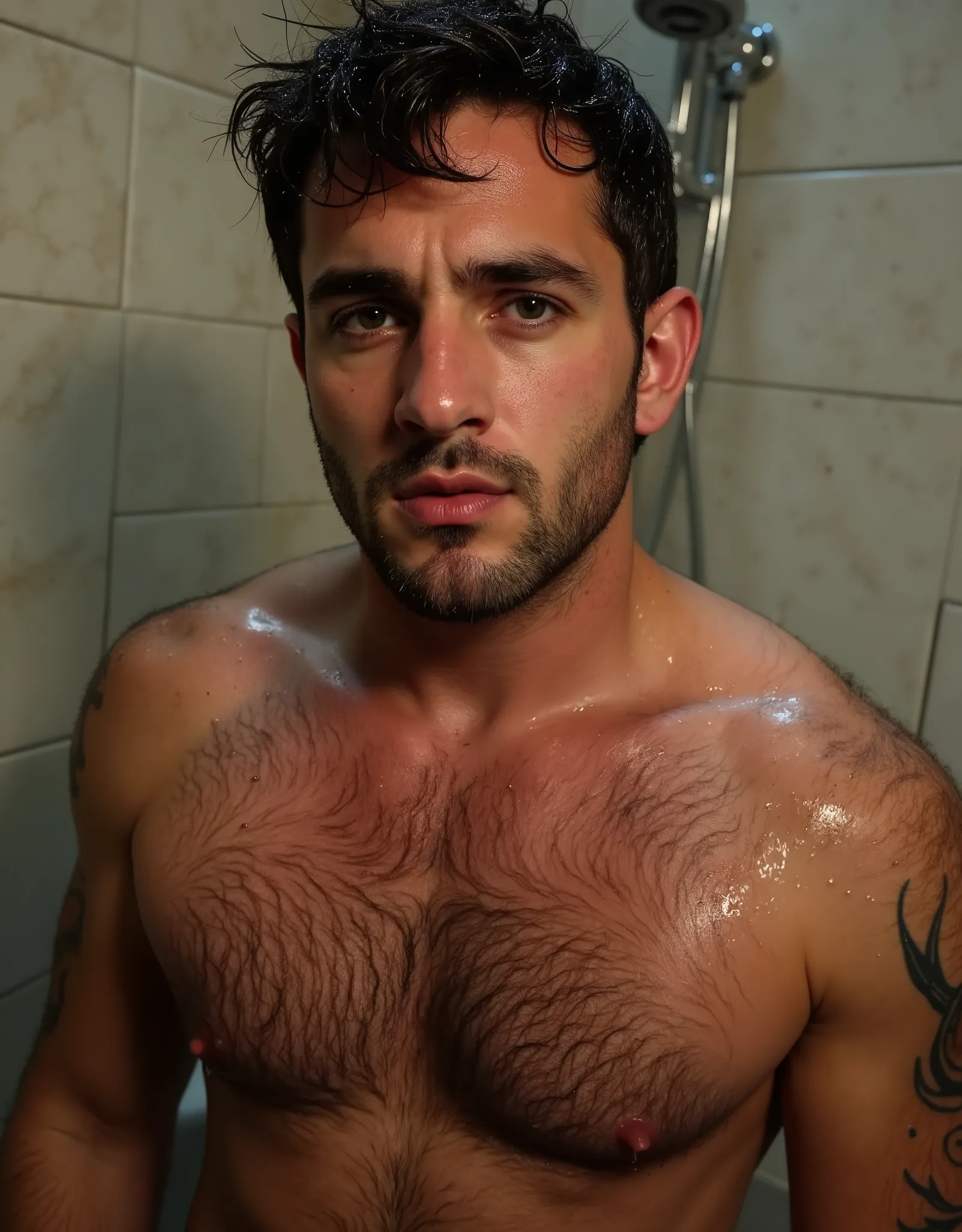 masterpiece, best quality, high resolution, closeup portrait, male focus, solo focus, A man, wet male body in the shower, male version of Lana Del Rey, male version of Lana Del Rey, many tattoos,  skinny body,  in the shower, man taking a shower, wet body ...