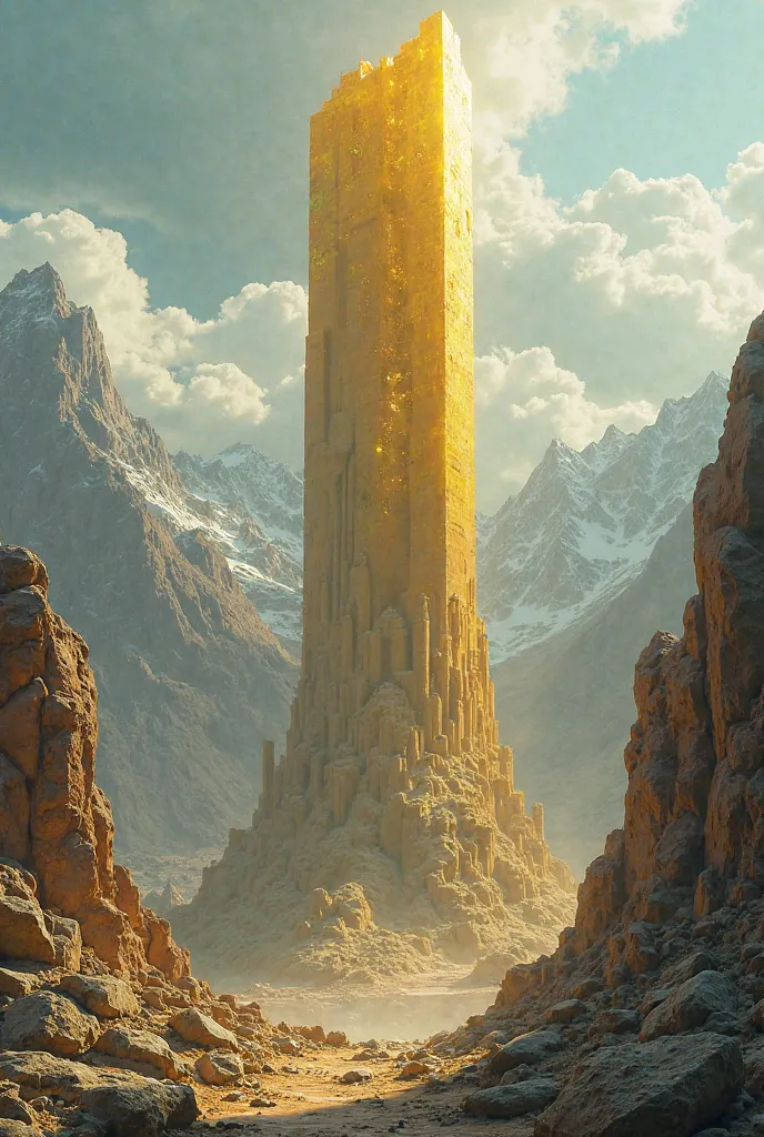 A towering structure veiled in a translucent golden barrier, surrounded by a vast mountain range. On the pillar's base, different minerals, ores, and large boulders could be seen. On its top, an ancient city lay in silent decay, service as the pillar's cro...