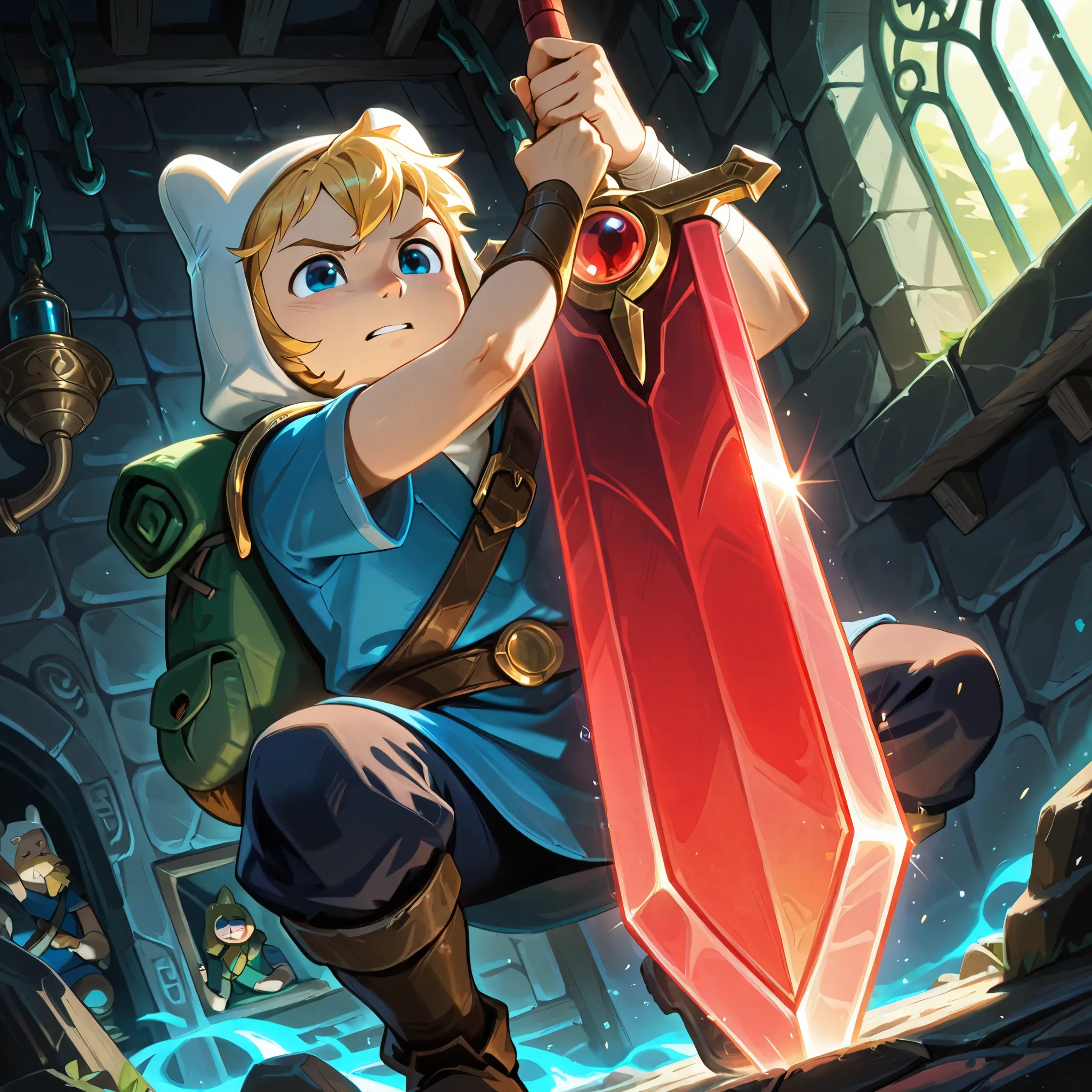 score_9, score_8_up, score_7_up, source_anime, best quality,  
Finn the Human, young male adventurer, blonde hair, blue tunic, green backpack, red sword,  
crouching in a dimly lit dungeon, holding a sword cautiously with one hand, heroic yet wary expressi...