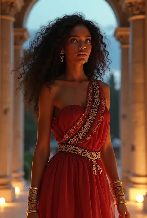 A breathtakingly beautiful 18-year-old Greek goddess (Tyla-inspired face:1.3), flawless golden-brown skin with radiant glow (ethereal aura:1.4), mesmerizing heterochromia eyes (left eye emerald green, right eye obsidian black:1.5), full lips with subtle gl...