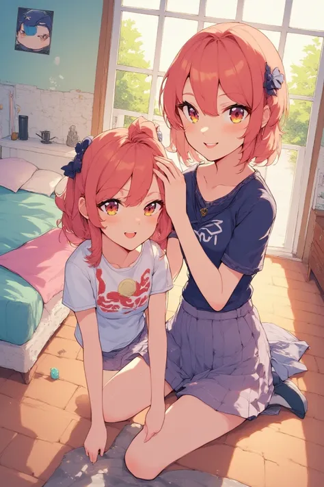 2 sisters, full portrait, anime style, getting ready for school 