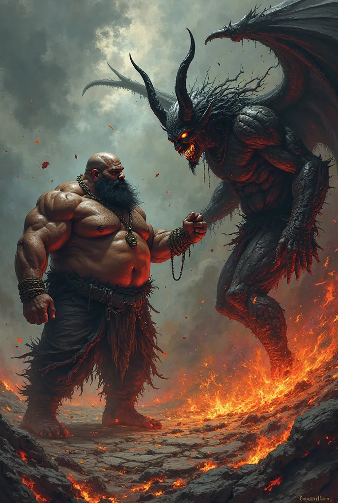 Create the image of a bald fat black man with a beard fighting Satan 