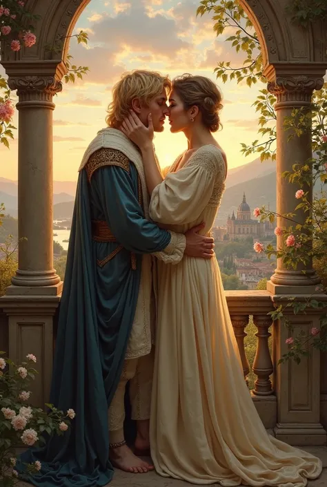 The painting depicts a passionate gay couple in a romantic and classical setting. One of the guy is blondabn is dressed in refined medieval attire, climb and leaning over an ornate balcony, gently holding the face of his beloved. The other guy, wearing lig...