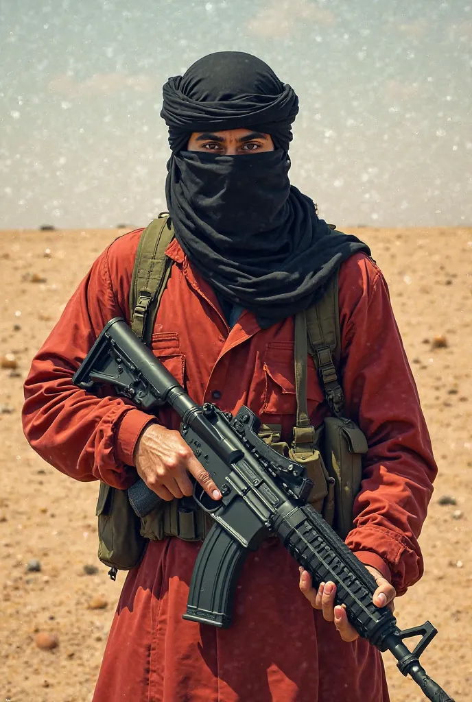 A Libyan Daesh fighter, Armed Object, harsh face, Brutal Expression, Offensive Mode, A desert background, detailed detail, High quality sweat, Realistic Sketch, Accurate Photographic Representation, Powerful Lighting,  Oil painting , Digital Art, Vivid Col...