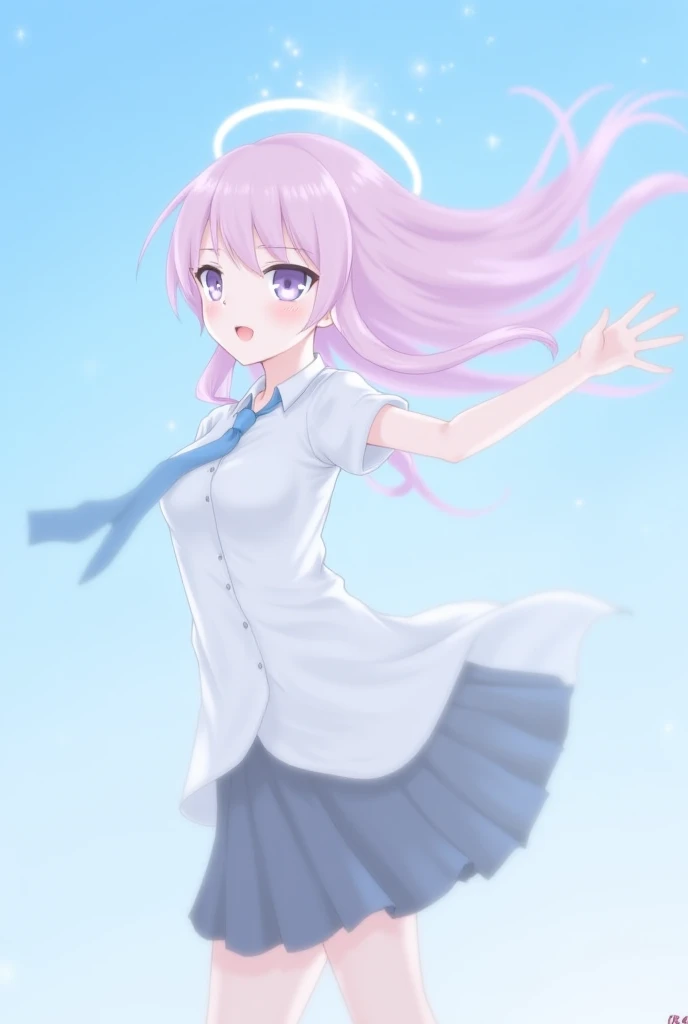 1girl, takanashi hoshino, no brazier, white clothes, unbuttoned top clothes, opened top clothes, blue necktie, halo, pink long hair, low twintails, giant chest, blue sky, her clothes blowed to side, without her brazier, wearing short black skirt, (spoken h...