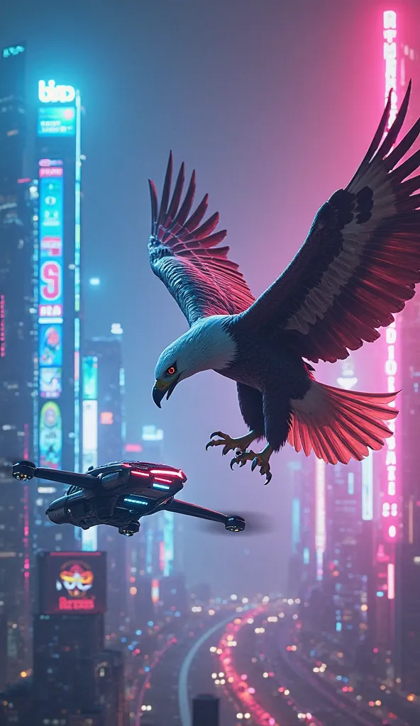 "Visualize a dynamic scene in a cyberpunk landscape where a majestic eagle and a sleek, futuristic drone are facing each other amidst vibrant neon skies. The eagle, with its feathers glowing under a radiant blue and pink atmosphere, is poised in mid-flight...