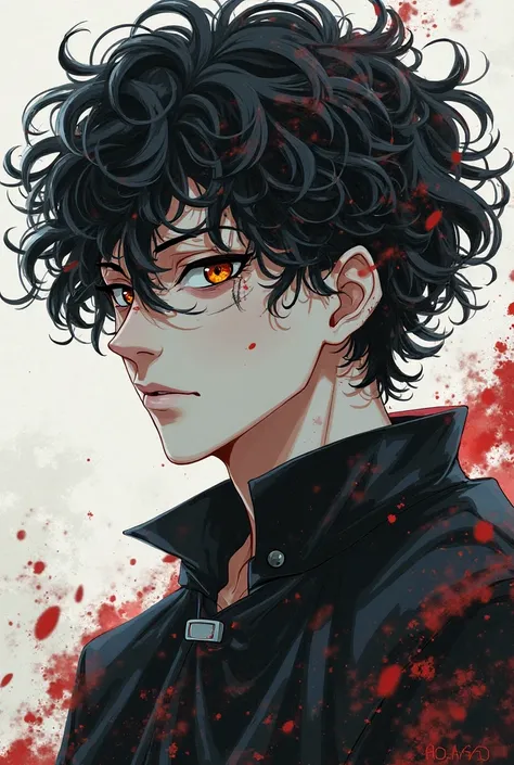 I want you to create a Kimetsu no Yaiba character, Male Hair, Age 30, curly black hair almost afro style with a hairstyle calling low fade with lenses, white skin with brown eyes  