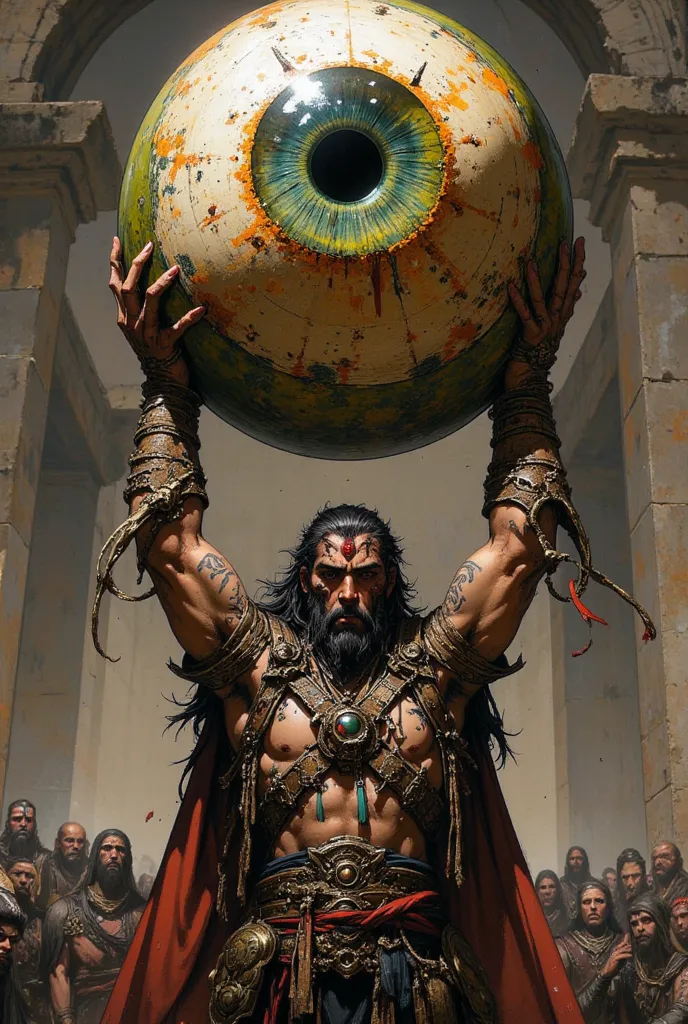 in front of the ancient crowd: barbarian warrior of ancient times proudly brandishing the enormous eyeball torn from a dragon that he defeated, Dutch angle, from above, award-winning, best quality, high details, precise  