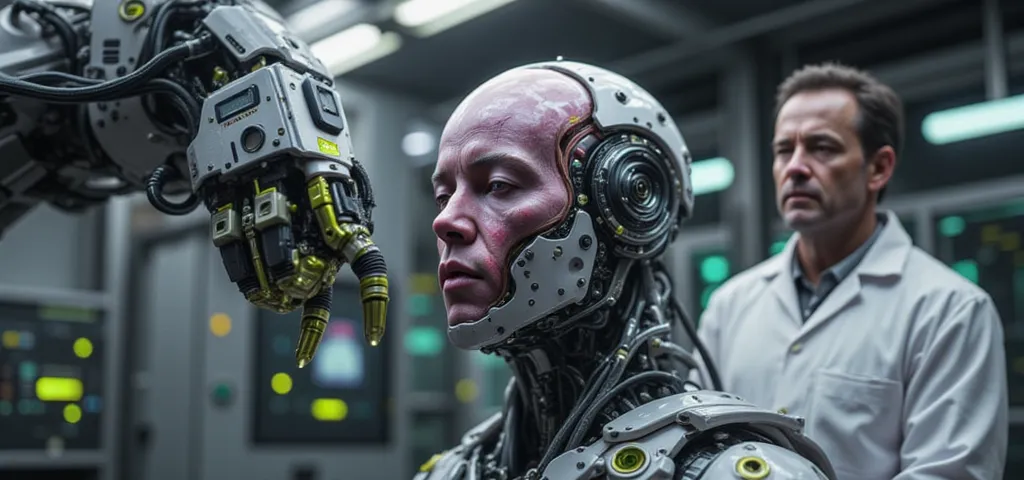 Scientists operating a huge robot with arms that is placing skin and human organs on a cyborg that already has the human face of Tom Hanks, in a laboratory of the future, the cyborg has white parts, cables and circuits, 8K.