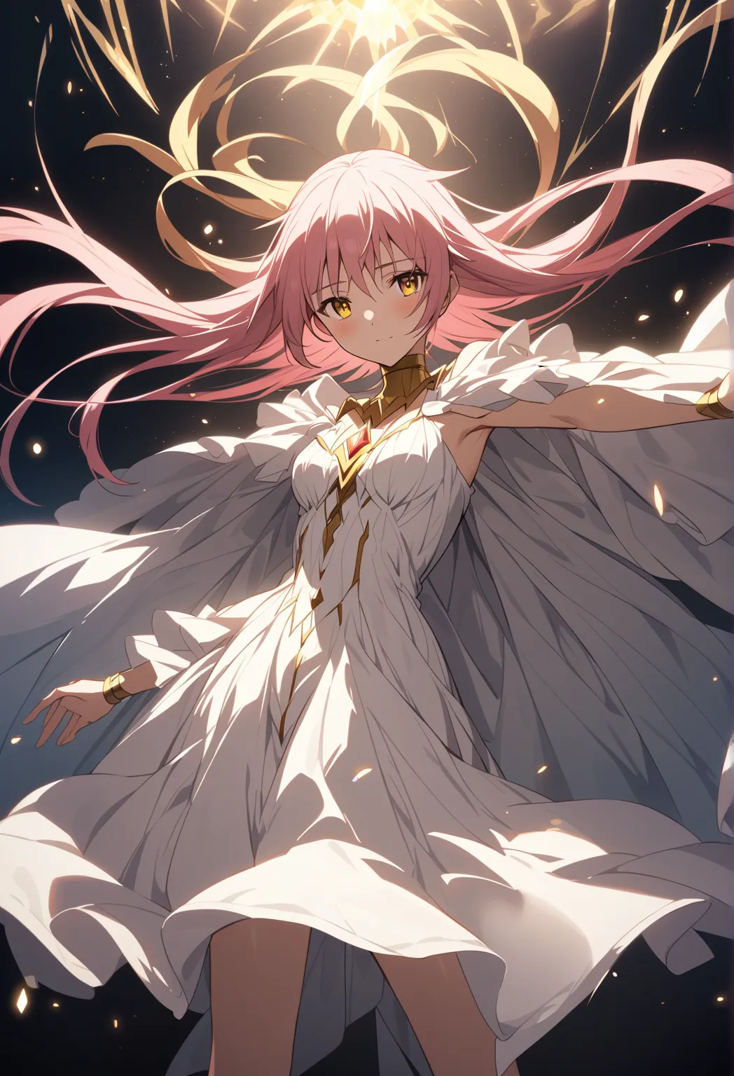 One girl, Mahou Shoujo Madoka Magica, Madoka, Ultimate Madoka, Goddess Madoka, rose_hair, ong_hair_with_short_twintails, (Very fine grain:1.37), yellow eyes, (Diamond shaped iris:1.5), ,