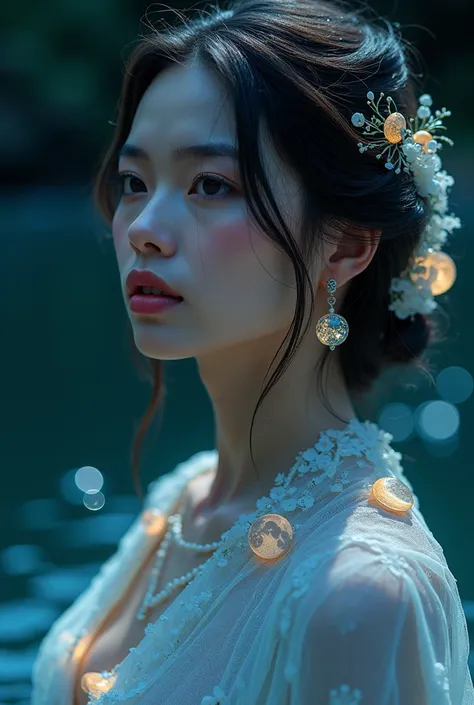 A serene goddess of the mystique of water, her strands in cascading by her back like a river of lunar water, her ethereal eyes are filled with a glow from another world, and her elegant attire adorned with delicate moon moon motifs that shine And they danc...