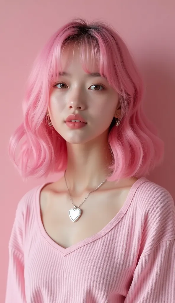 A photorealistic portrait of a young woman with (vibrant baby pink dyed wavy hair:1.5), medium-length, with front bangs, wearing a light pink ribbed long-sleeve top with a wide neckline, accessorized with a silver heart-shaped necklace and small heart-shap...