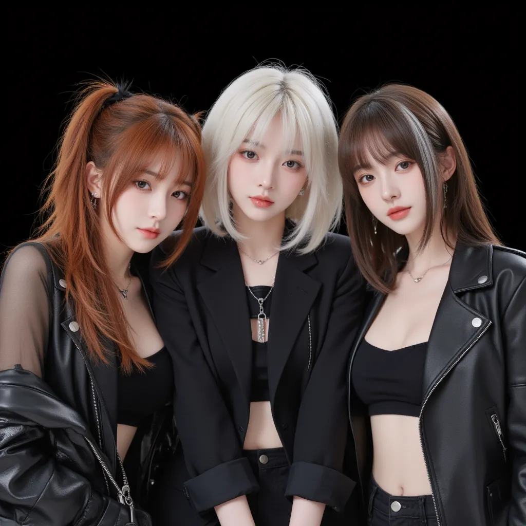 Create three kpop girls, one with dark orange hair that’s long with black streaks, one with platinum blonde hair that’s in a pixie cut with black bangs, and one with long hime brown hair and a silver streak, cyber concept, wearing cyber outfits, the backgr...