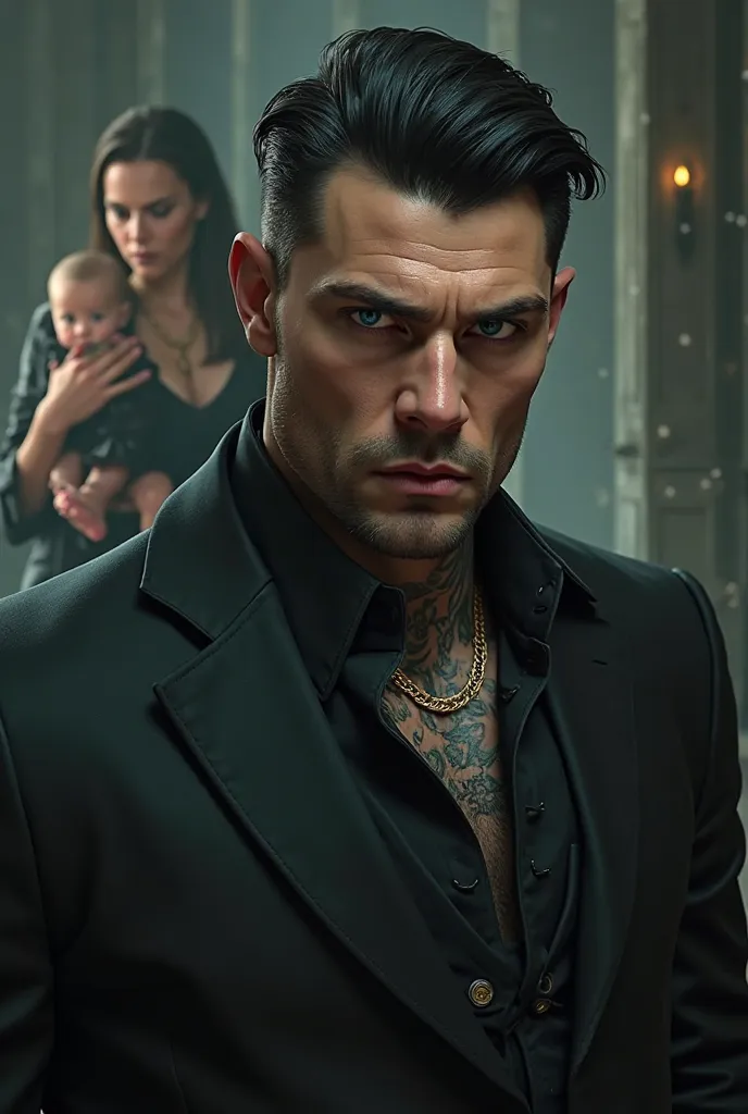 A handsome man with blue eyes and dark hair, tattooed on the neck and hands , suit dress, serious face, Head of the Bratva ,  Behind it , A woman who has a baby twin her arms.