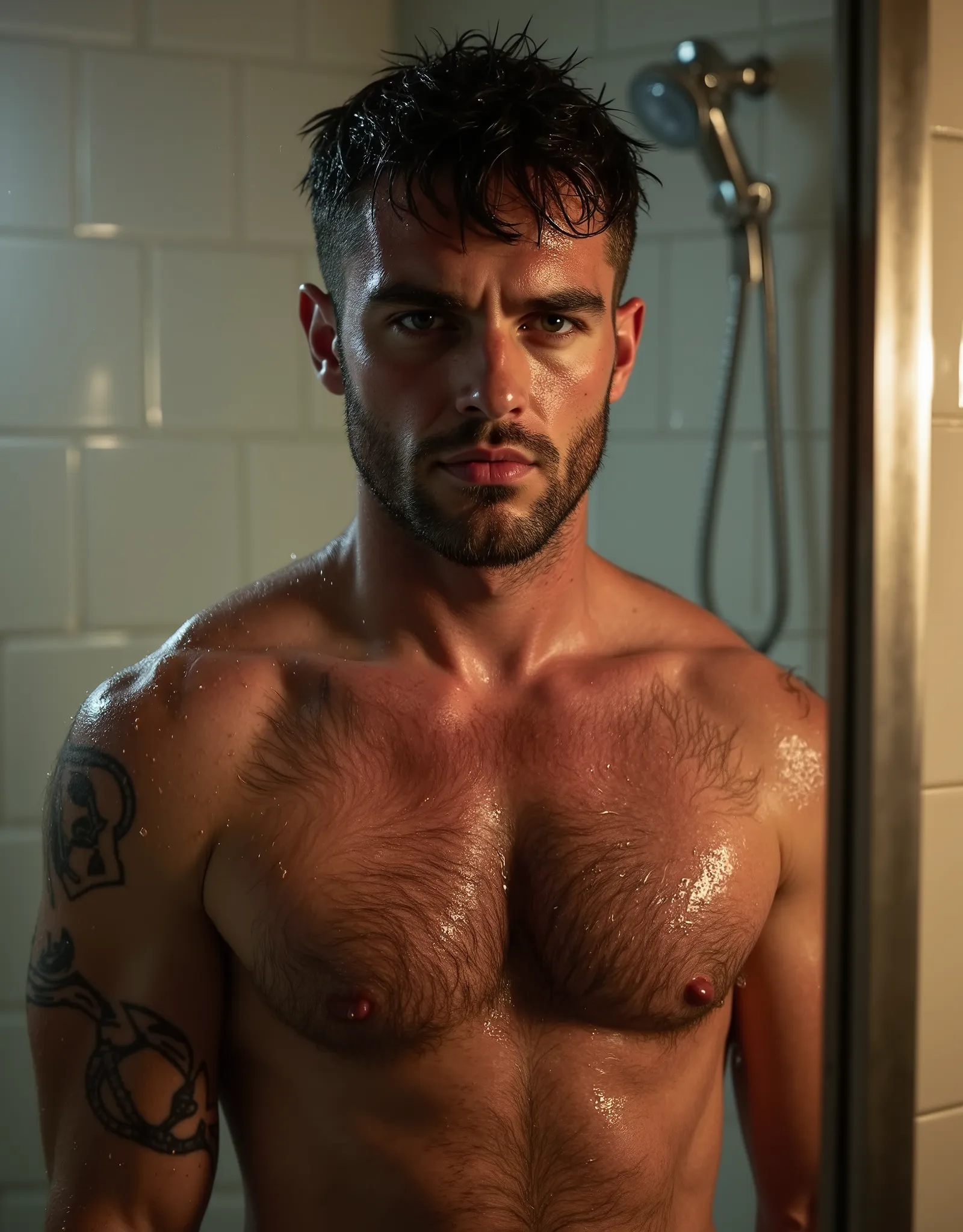 masterpiece, best quality, high resolution, closeup portrait, male focus, solo focus, A man, wet male body in the shower, male version of Lana Del Rey, male version of Lana Del Rey, many tattoos,  skinny body,  in the shower, man taking a shower, wet body ...