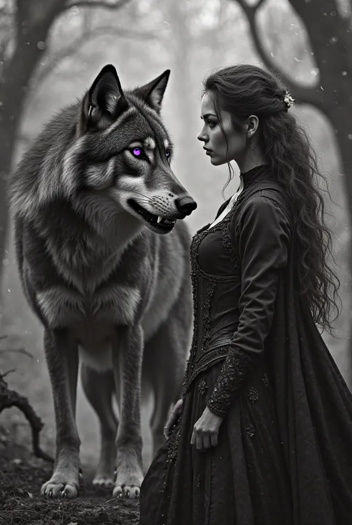 A black and white scene that captures the essence of a wild and threatening wolf, standing in a tense posture, with the bristling fur and barely visible fangs, exuding danger and power. his eyes, of an intense and supernatural purple, shine with a penetrat...