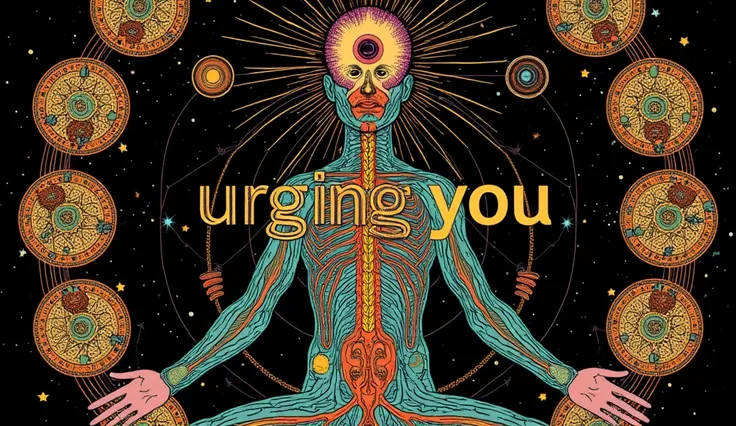 
A stylized illustration of a human figure with an intricate representation of the nervous system and chakra points, surrounded by glowing circles and geometric patterns, symbolizing energy and spirit. The word urging you is prominently displayed across th...