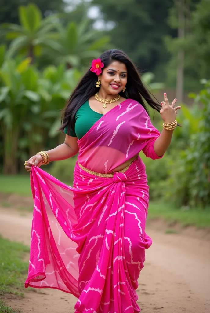 A thick voluptuous  and mature  beautiful Indian woman wearing a vibrant pink saree with bold white zigzag or wavy patterns, giving it a striking traditional appeal. The saree is made of a soft, flowing fabric that moves naturally as she dances. The pallu ...