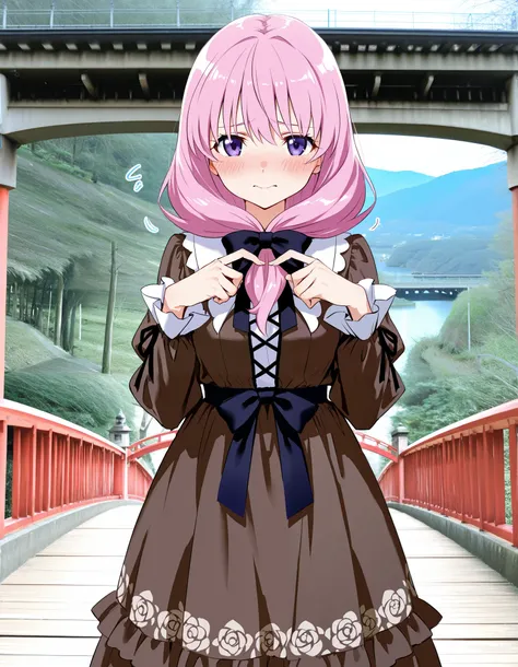 (In 8K, Best Quality, Master Piece:1.2), Ultra High Resolution,1 girl,solo,16yo,ultra-detailed face,detailed eyes,Purple eyesmascara,pink hair,front ponytail,brown Small floral pattern classical lolita,The fashion is a brown dress,(fidgeting:1.2),Coy,blush...