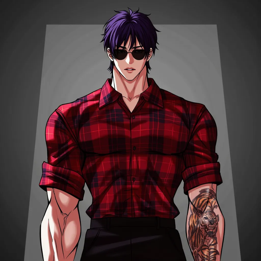 Inner scene "look" , manga with tall male character, athletic figure, strong, big muscles, short hair, purple hair, black hair, very aggressive appearance, sharp angular face. , Elegant tall male figure, Red plaid shirt Dark clothing Slim fit, Confident an...