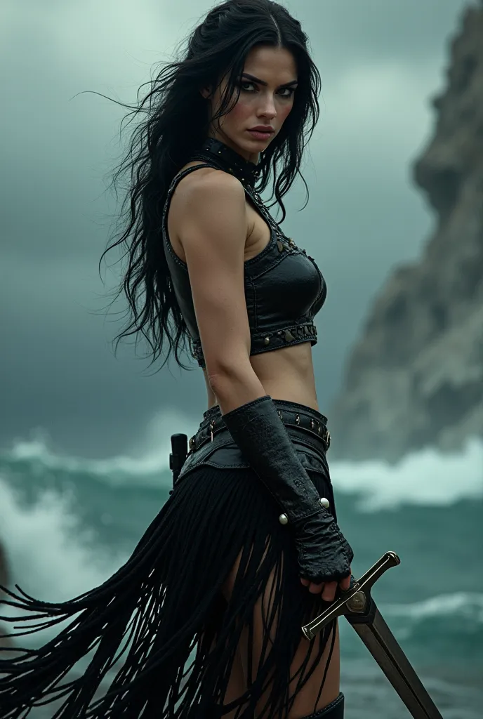 Eva Green like Artemisia with her sword pointed at you. Dressed in her fringed black leather skirt. Stop on a ship you can see a storm in the background