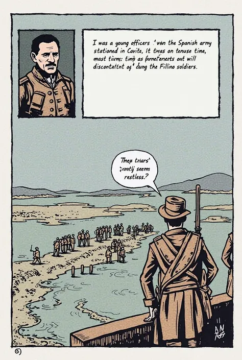 Panel 1:
	•	Narration Box: I was a young officer in the Spanish army stationed in Cavite. It was a tense time, with whispers of discontent among the Filipino soldiers.
	•	Scene: A Spanish officer looking out over the fortifications of Cavite.
	•	Dialogue (...