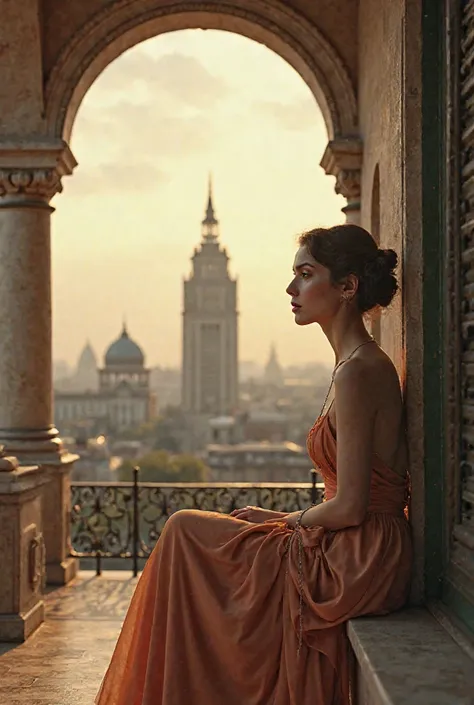 Elegant girl from the 1930s, Sitting on a porch of a valcon in Mexico City and in the background the Latin American Tower and Bellas Artes