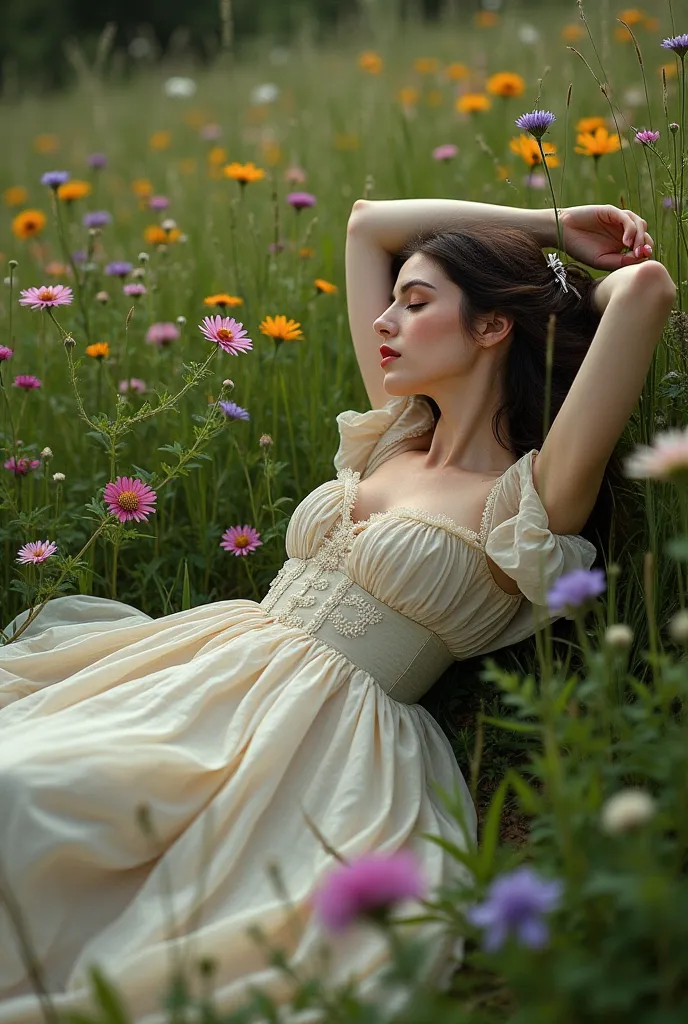 Woman in 1800's dress lying on long grass with flowers, realistic and colorful color palette with profile perspective and raised arms, photography style similar to paintings by John Waterhouse