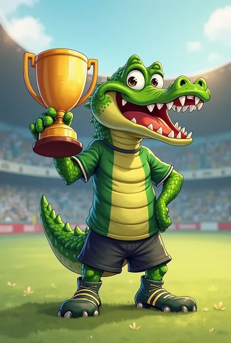 Cartoon of a crocodile dressed as a soccer player in a green and black uniform with a trophy in his hand