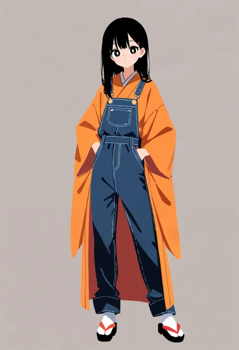 no lineart,Minimalism,,bright pupils,
(masterpiece, best quality, ultra-detailed, amazing quality, very aesthetic, is absurded, high resolution),  girl wearing overalls over Japanese clothes