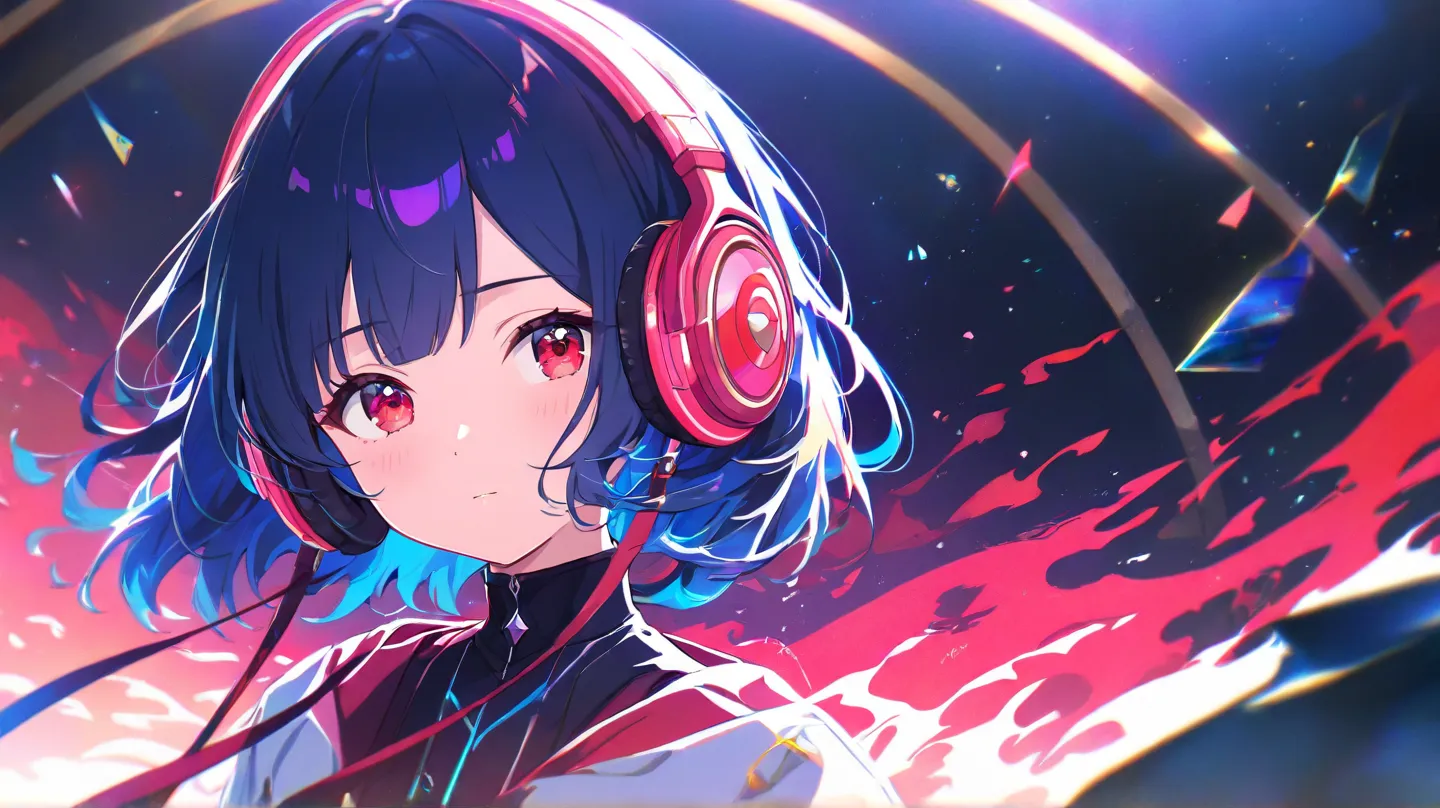 An anime girl s, with long dark blue hair, red eyes,  with headphones , looks to the left, Notes on headphones