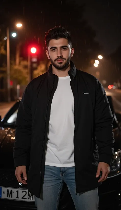 a handsome young turkish guy with muscle, dark very short hair fade  and goatee beard  he wearing a white tshirt and a black long pufferjacket and a light loose jeans he is in front of a cabrio car with black seats amateur photo random picture and location...