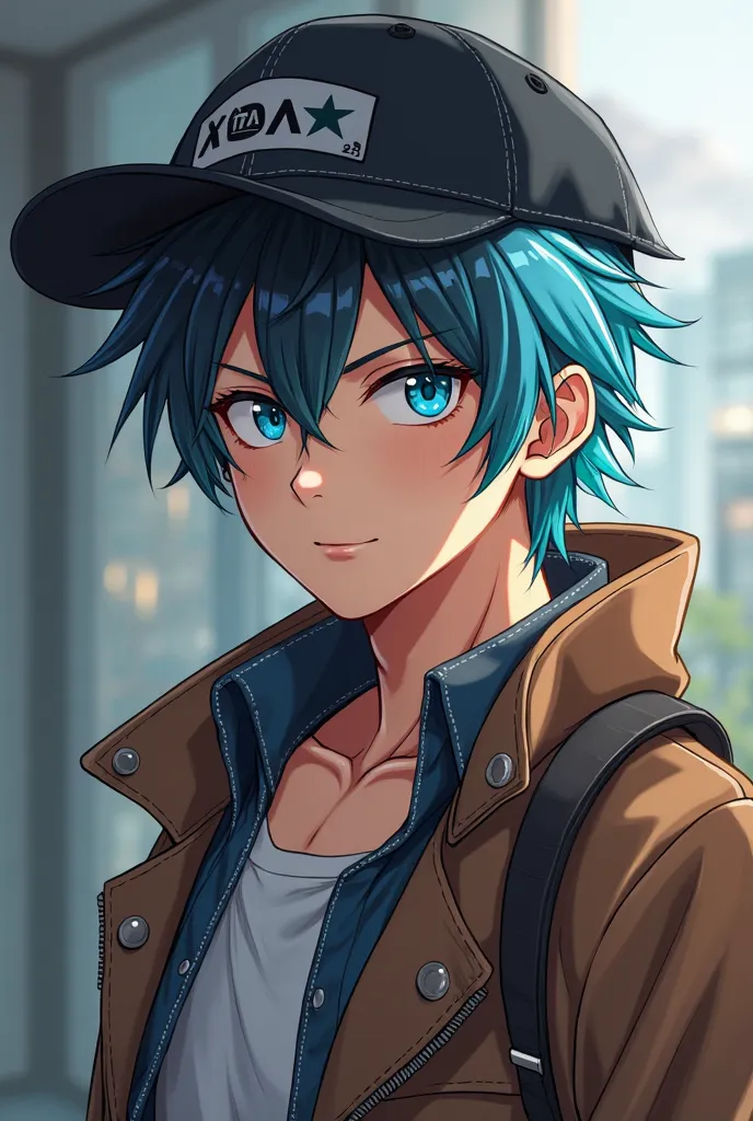   Anime adult with black hair and blue locks and with brown jacket and jeans , Blue eyes and 29 years old with a cap 