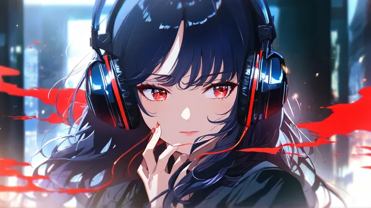 An anime girl s, with long dark blue hair, red eyes,  with headphones , looks to the left