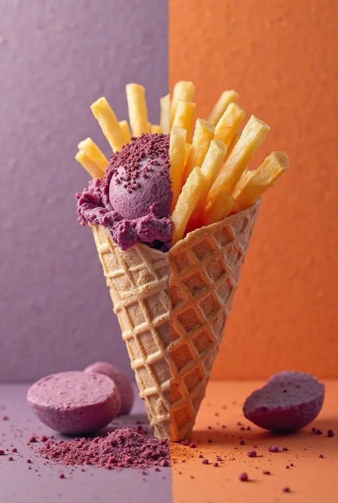 generate images of a print for a small commercial trailer (slightly larger than a, car generally used for sales at parties) with half the print in shades of purple and half with orange tones on one side açai and one side French fries on the cone