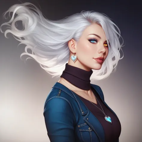 A young tall woman with long white hair, her left eye is red and her right eye is gray. She is wearing black turtleneck sweater, dark blue jeans, black boots and Sliver necklace with heart attachment