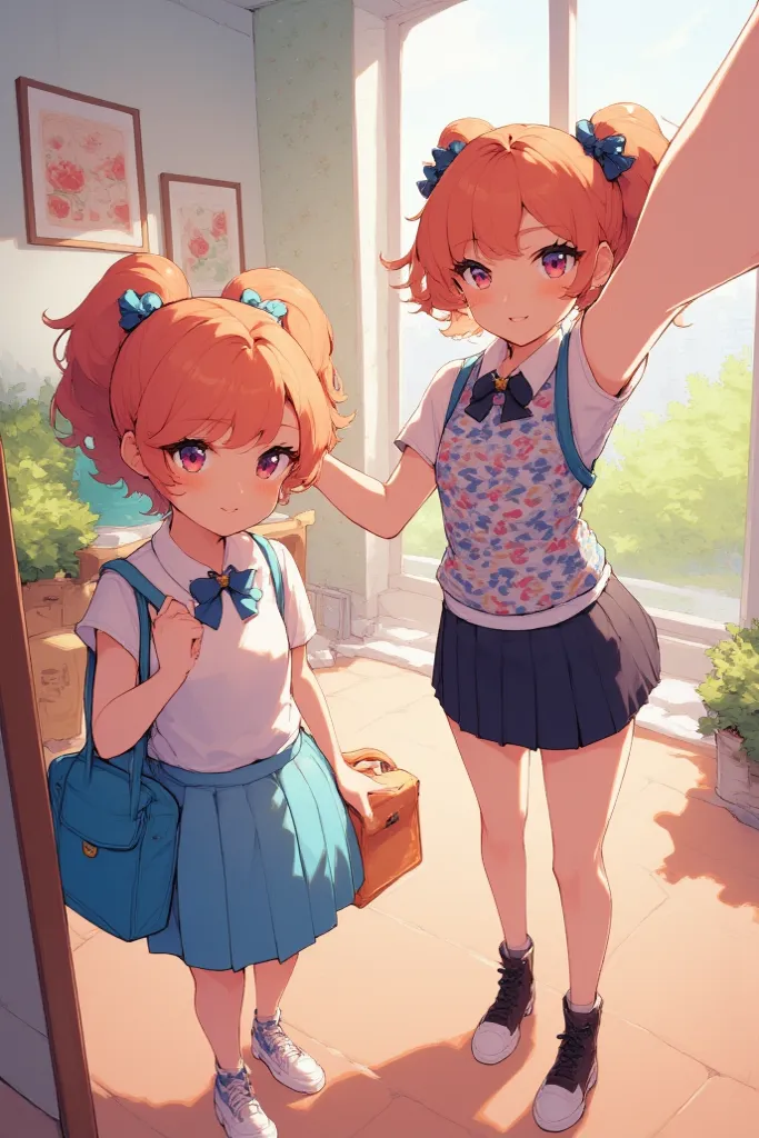 2 sisters, full portrait, anime style, getting ready for school 