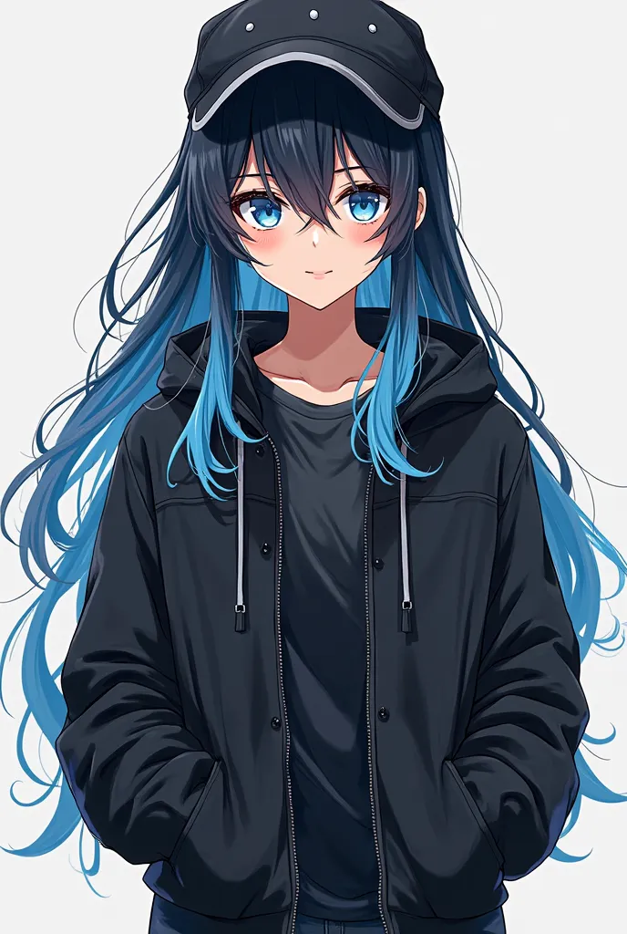   Anime adult with black hair and blue locks and with black jacket and jeans , Blue eyes and 29 years old with a cap 