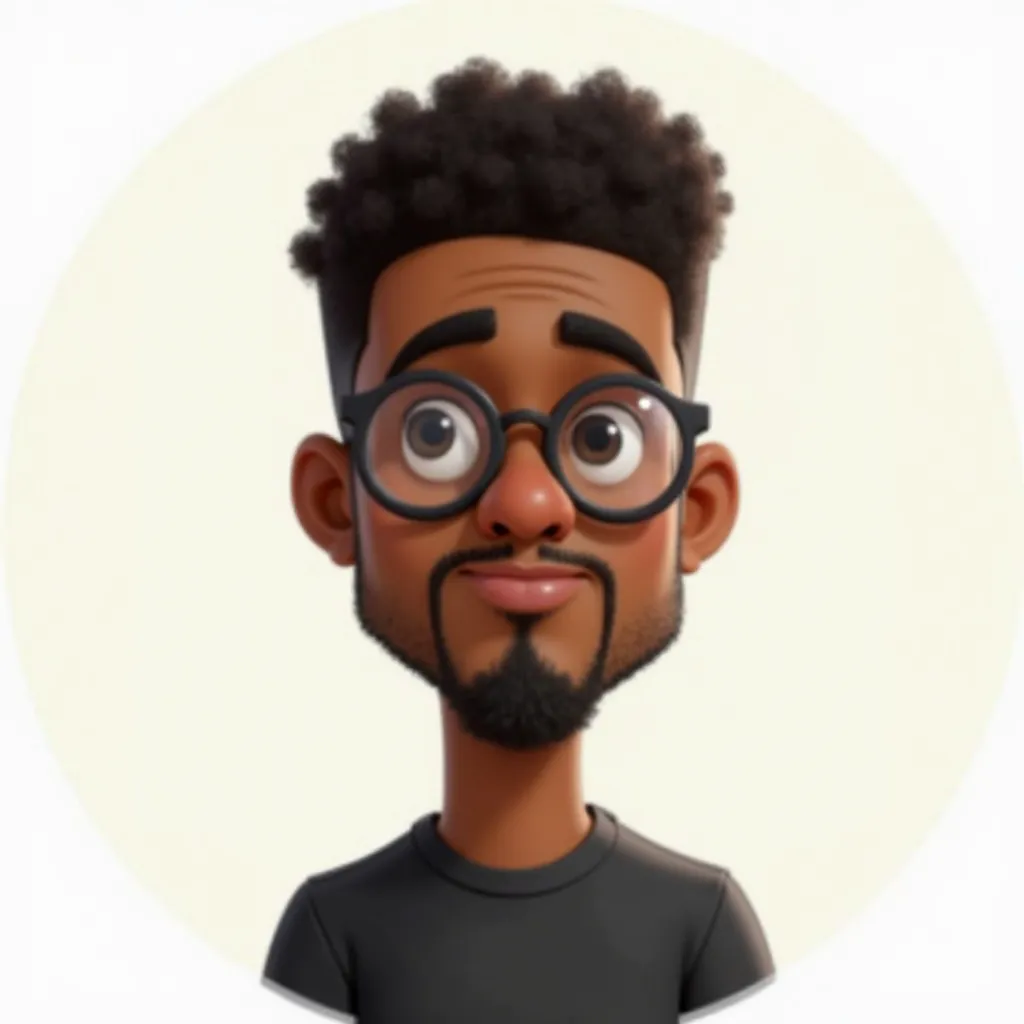 animated photo ( cartoon style) From a 20-year-old boy, very short hair, With Goatee Anchor Beard, dark skin tone, Afro-descendant, with glasses, black t-shirt, white and rounded background