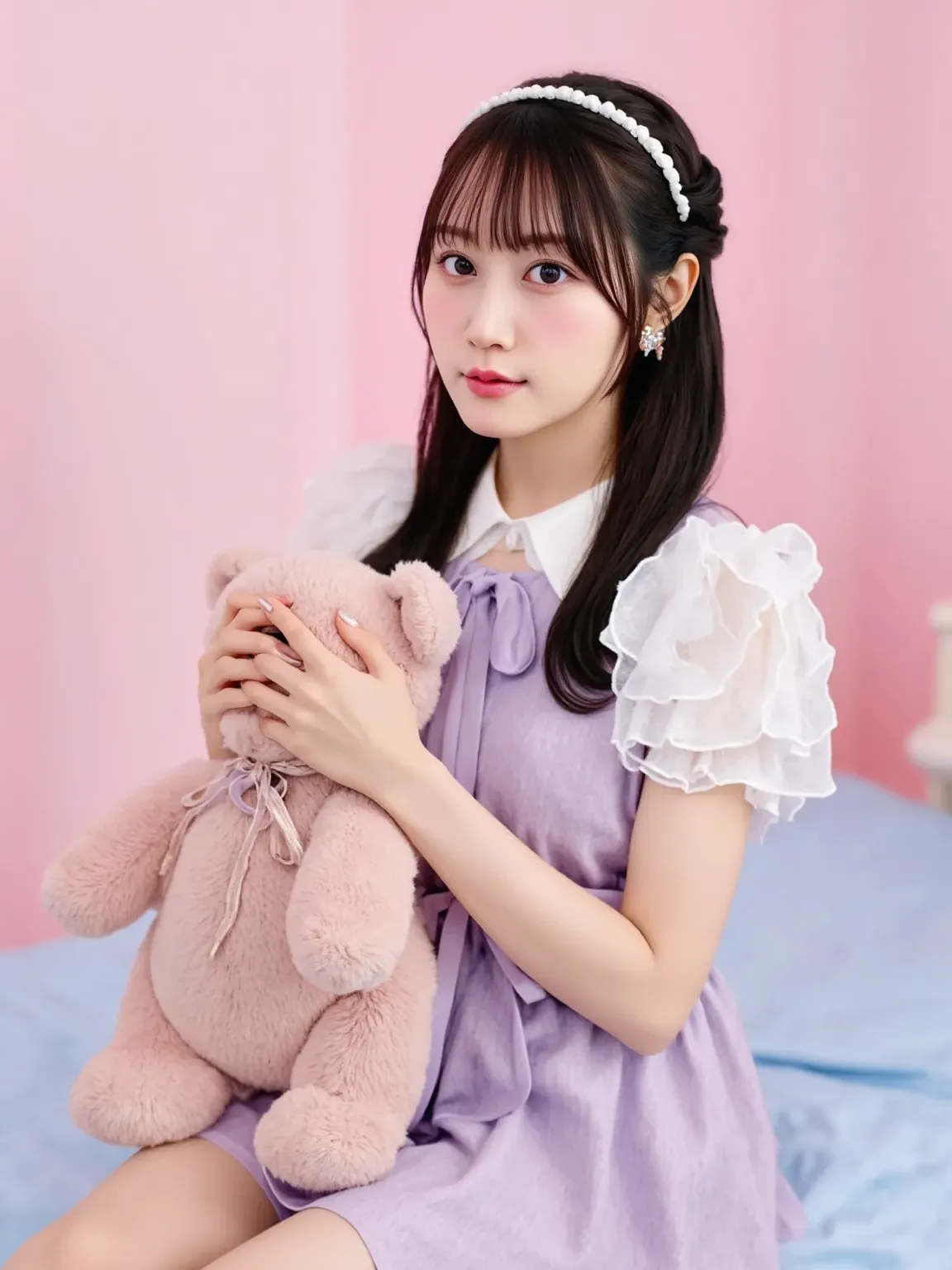 「a scene where a Japanese woman is sitting on a bed holding a stuffed bear。The background is a cute girl's room、interior based on pink and pastel colors。and they are wearing Lolita fashion、For dresses with characteristic lace and frills、accessories such as...