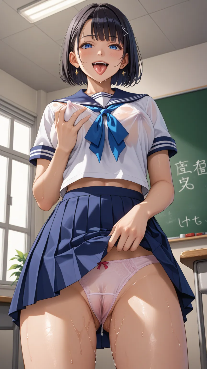  best image quality、anatomically accurate、front view、low angle、Sailor uniform(White)、Sailor uniformのミニスカート( black)、Whiteレースのプリントパンティ(cut in to clearly see the shape of the pussy)、panties are wet with love liquid、crouch down and open your legs to show off y...