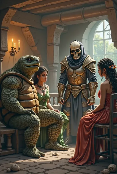 a humanoid turtle, A druid ,A Skull Knight and a Girl Who Controls Fire, all sitting in a tavern