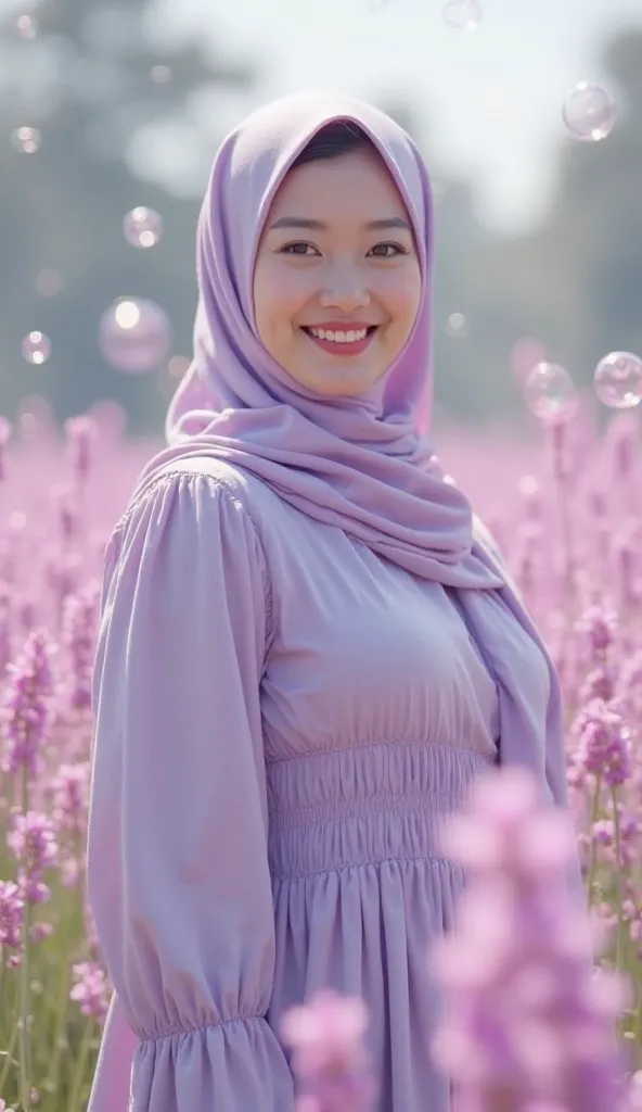 Korean beauty round face rather plump in lavender hijab using lavender color ruffle top dress long sleeves,standing in a pink lavender flower garden full of bubbles facing the foreground with a smile,realistic full UHD 