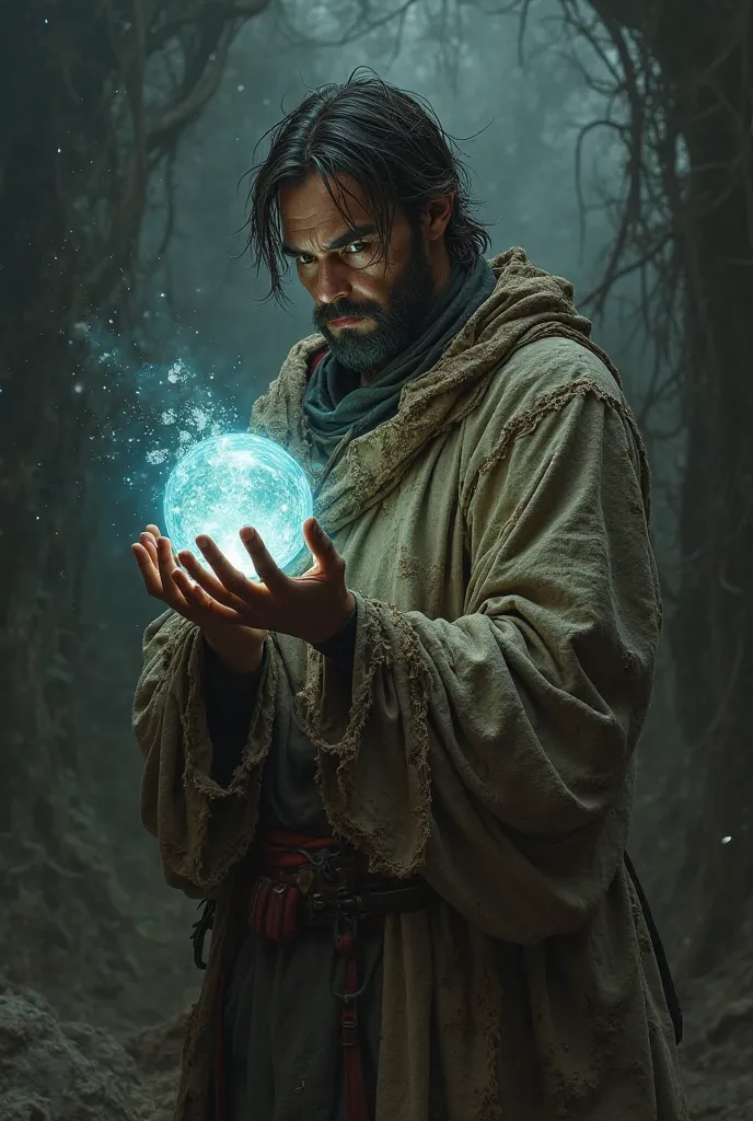 You have to wear clothes like rags., from the medieval era, with a magic energy ball in his hand and looking down, and the dark blue background with a black mist behind it