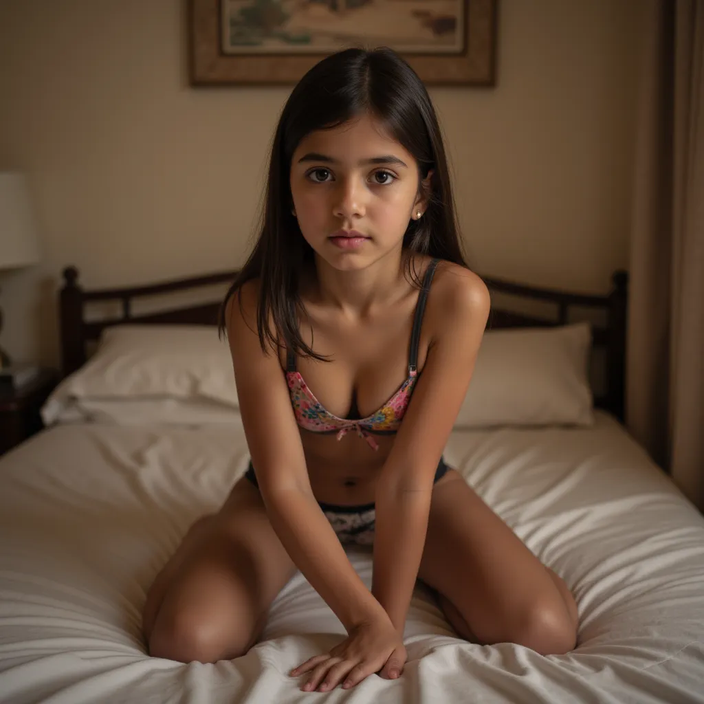 Cowboy shot of a a beautiful slim lightskin young tween Muslim indian girl with extremely detailed large expressive eyes in lingerie and socks kneeling in bed, garters, socks,  small breasts,  beautiful and symmetrical face , Loving look,  sharp focus, Hig...