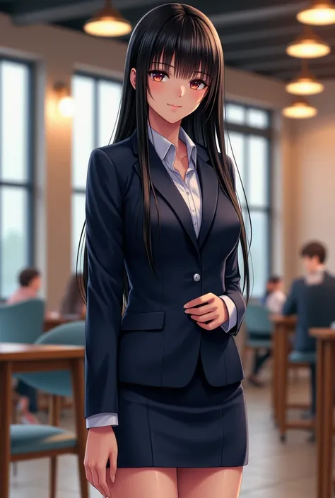 high school girl, Business suit and tight skirt, ((silky photoreal cuticle very long straight hair)), ((blunt bangs, straight across her forehead, hime cut)), studio lights,  shy smile, huge breast