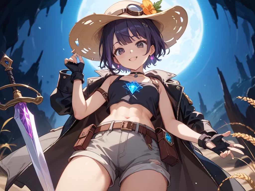 (masterpiece、high image quality、High Resolution)、cowboy shot、from below、 doya face、 Hat with Goggles 、purple short hair、black tank top、leather jacket、waist pouch、Fingerless Glove、grey shorts、Dagger in left hand、dark eyes with big eyes、 wheat skin、petite an...