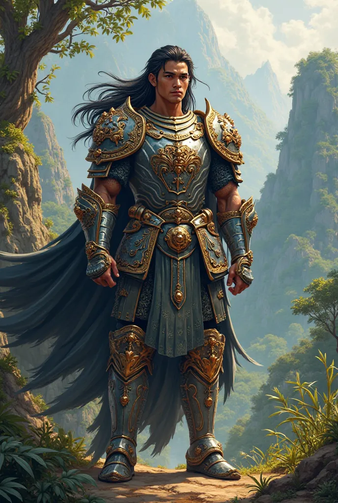 a filipino man long hair in a armor and handsome 