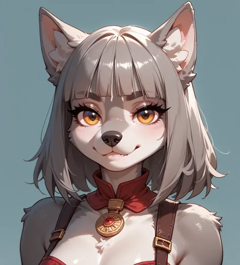 (solo) female anthro wolf furry, , straight med length hair, blunt bangs, hair coving sides of face, medium sized breasts, big lashes, wolf ears, cute dog nose,  pouty lip, Looking at viewer, High Resolution, Masterpiece, simple background, 